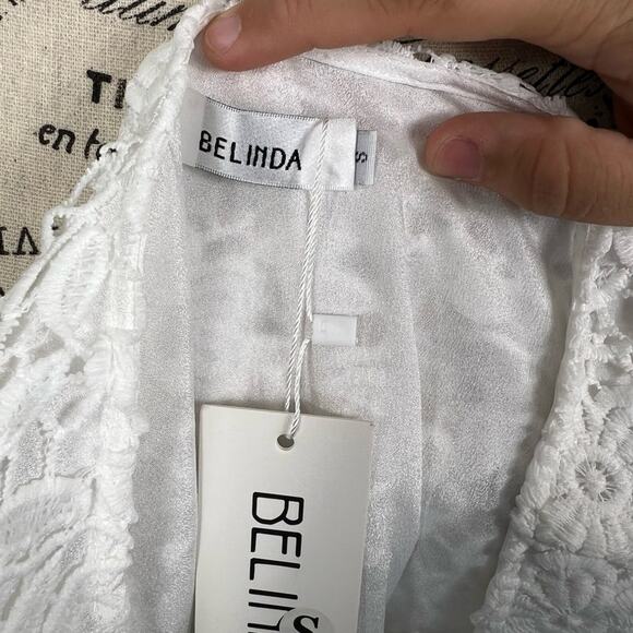 NWT Belinda white wide strap floral lace button up lined mini dress - Picture 3 of 8